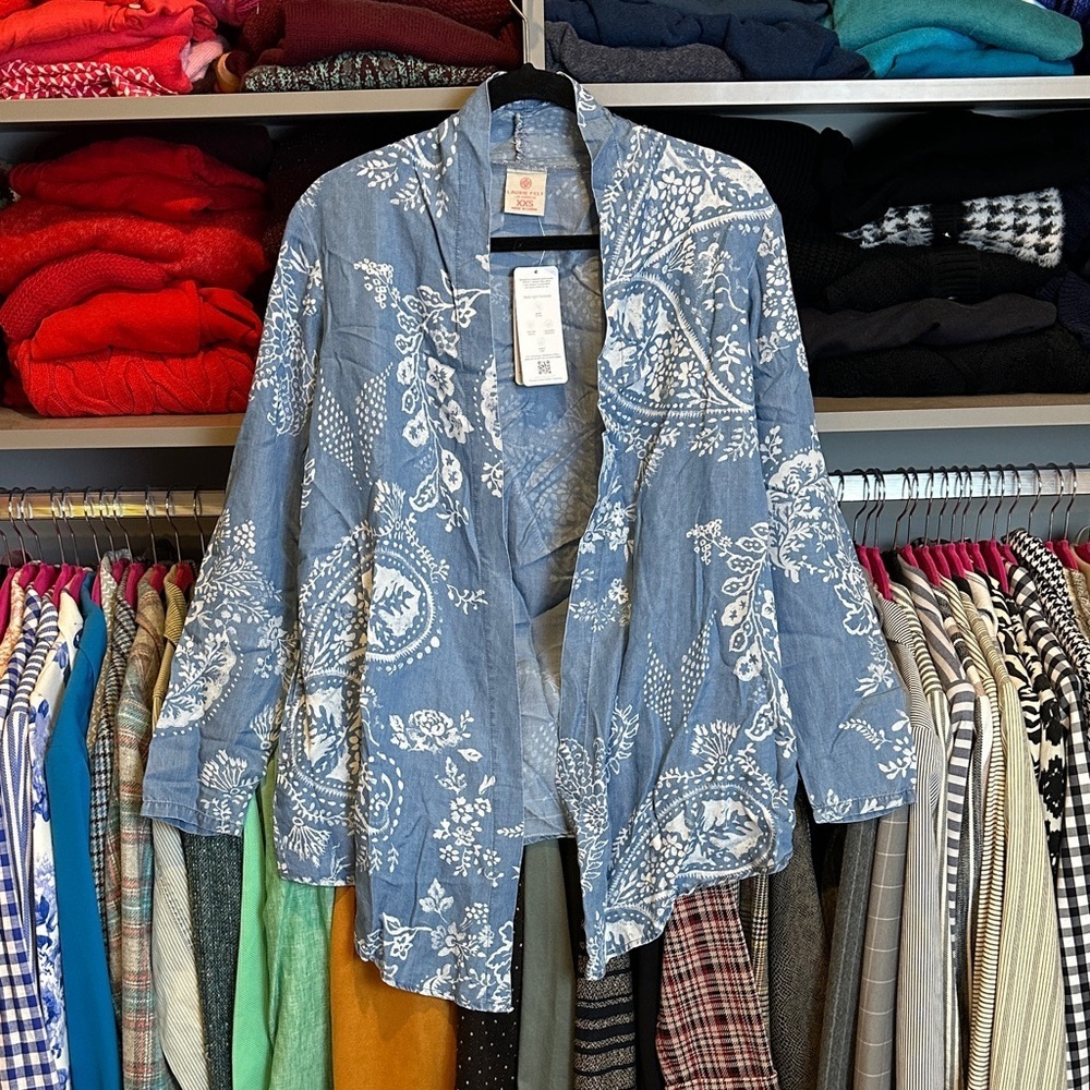 Laurie Felt blue/white tencel long sleeve open front kimono size XXS NWT